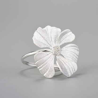 Sterling Silver Large Peony Flower Adjustable Ring