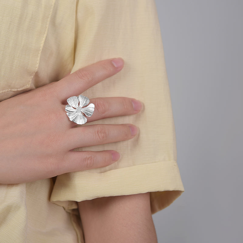 Sterling Silver Large Peony Flower Adjustable Ring