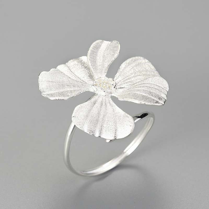 Sterling Silver Large Peony Flower Adjustable Ring