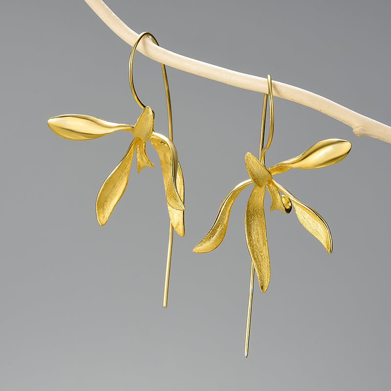 Long Orchid Flower Dangle Earrings