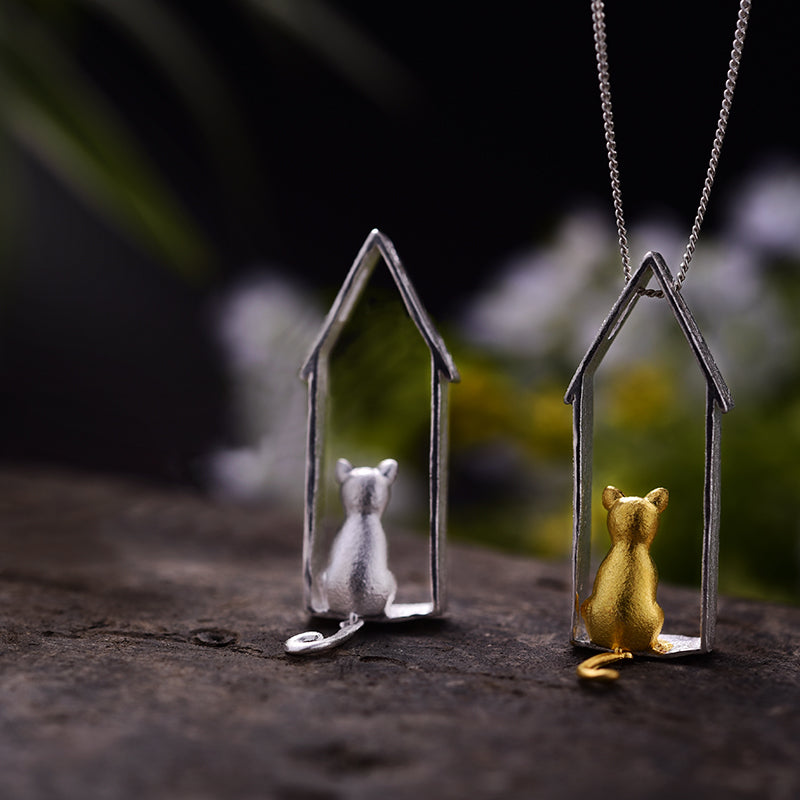 Sterling Silver Lovely Gazing Kitty Pendant (Chain not included)