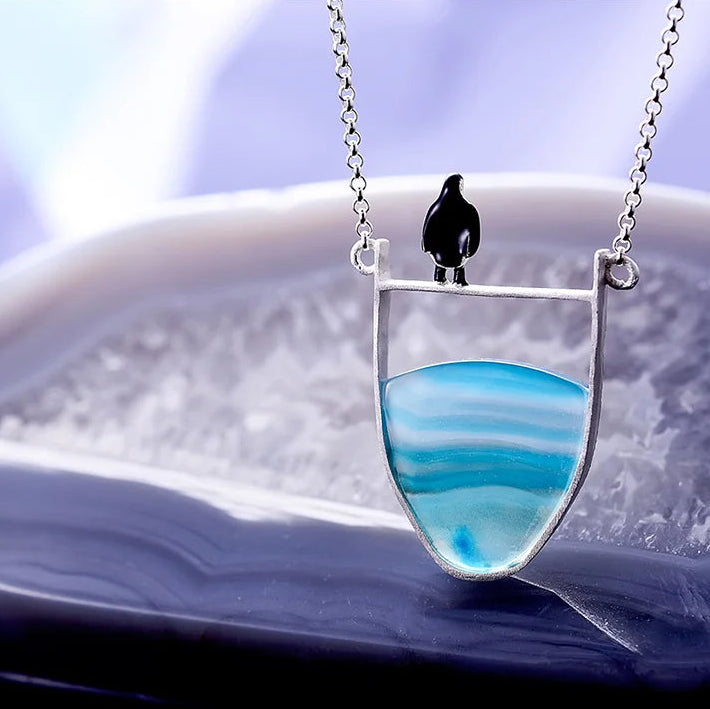 Sterling Silver Lovely Penguin Blue Agate Ocean Necklace