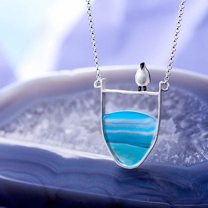 Sterling Silver Lovely Penguin Blue Agate Ocean Necklace