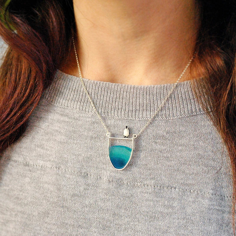 Sterling Silver Lovely Penguin Blue Agate Ocean Necklace