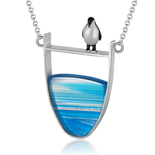 Sterling Silver Lovely Penguin Blue Agate Ocean Necklace