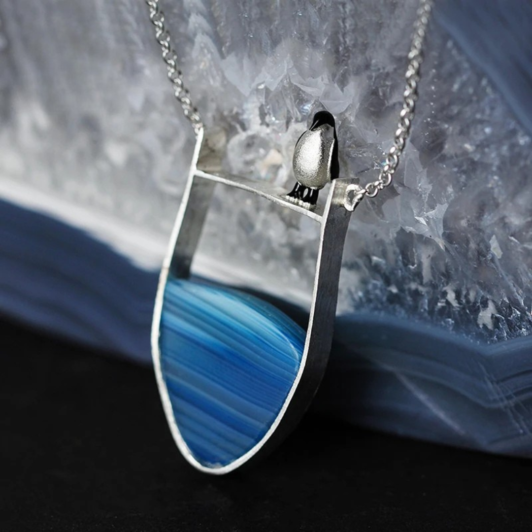 Sterling Silver Lovely Penguin Blue Agate Ocean Necklace