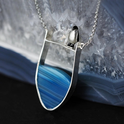 Sterling Silver Lovely Penguin Blue Agate Ocean Necklace