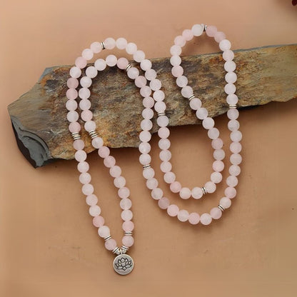 Matte Frosted Rose Quartz Lotus Charm Necklace