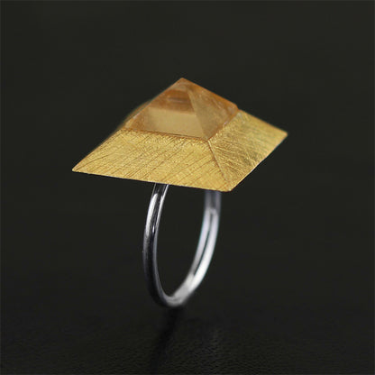 Sterling Silver Natural Quartz Crystal Mysterious Pyramid Adjustable Ring