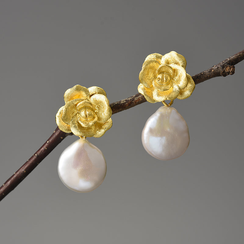 Sterling Silver Pearl Camellia Flower Dangle Earrings