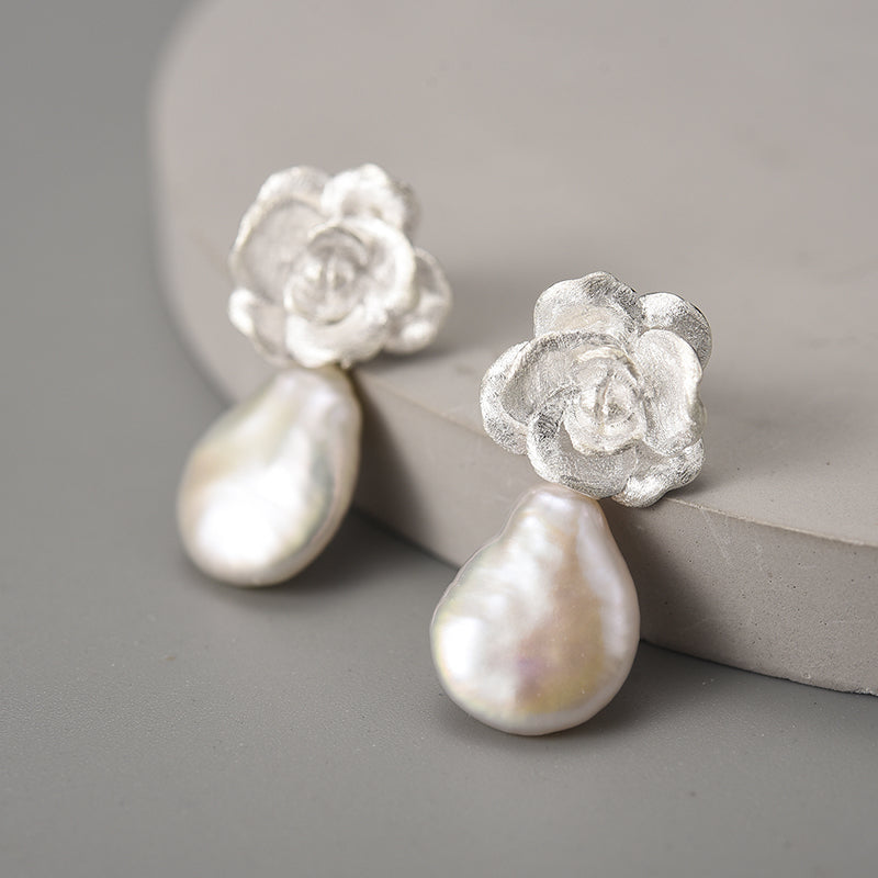 Sterling Silver Pearl Camellia Flower Dangle Earrings