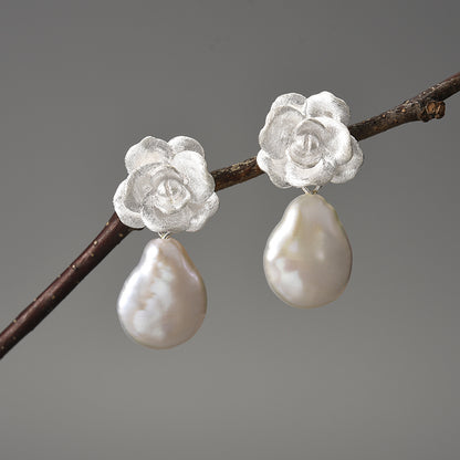 Sterling Silver Pearl Camellia Flower Dangle Earrings