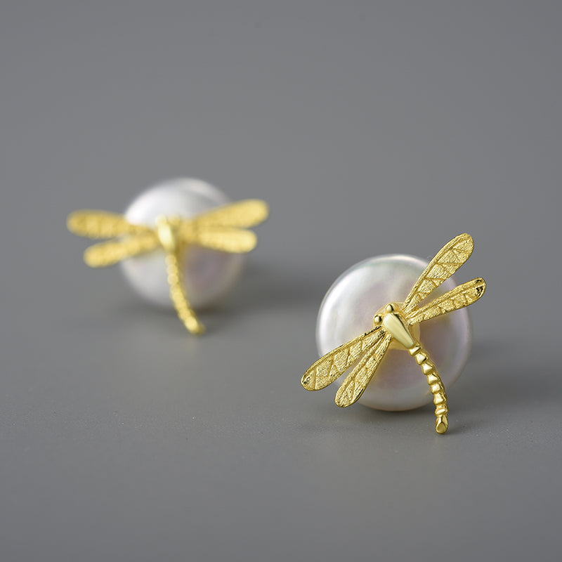 Sterling Silver Dragonfly on the Pearl Stud Earrings