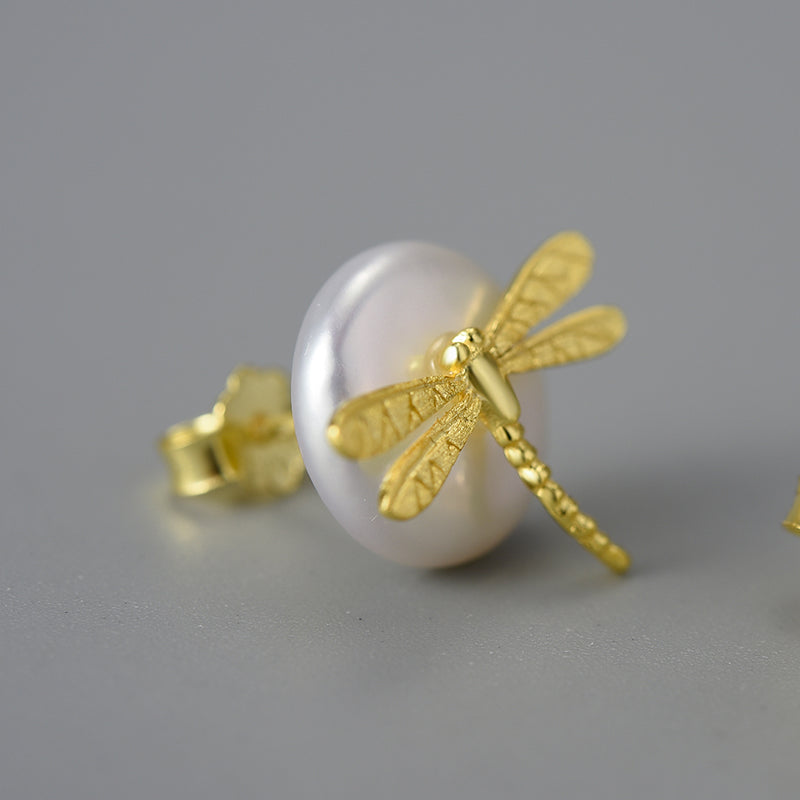 Sterling Silver Dragonfly on the Pearl Stud Earrings