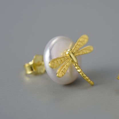 Sterling Silver Dragonfly on the Pearl Stud Earrings