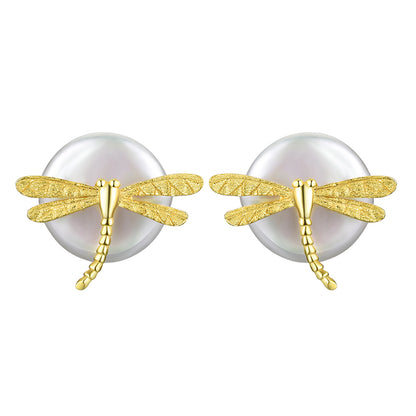 Sterling Silver Dragonfly on the Pearl Stud Earrings