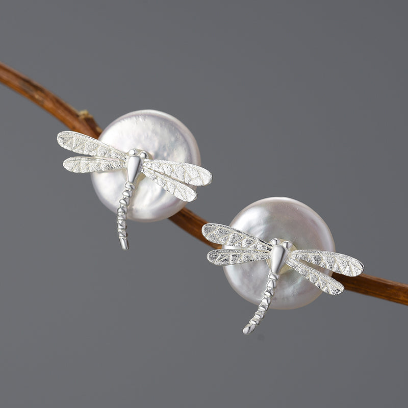 Sterling Silver Dragonfly on the Pearl Stud Earrings