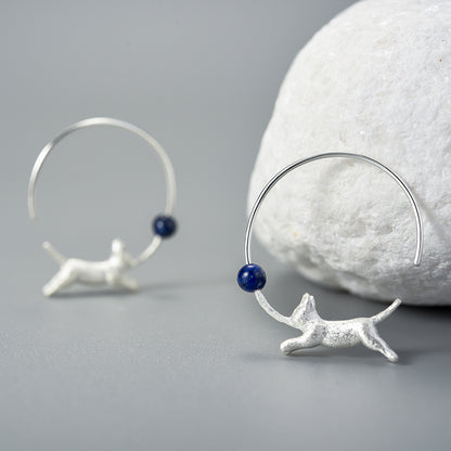 Sterling Silver Playful Running Cat with Balloon Hoop Earrings