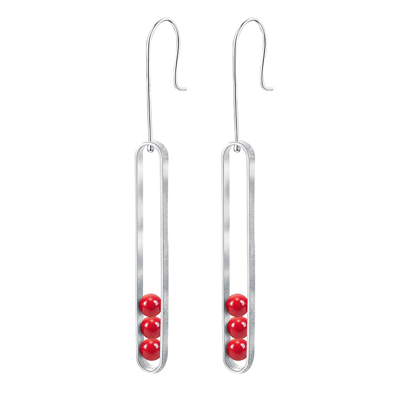 Red Coral Elliptical Minimalist Long Dangle Earrings