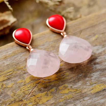 Teardrop Rose Quartz Drop Stud Earrings