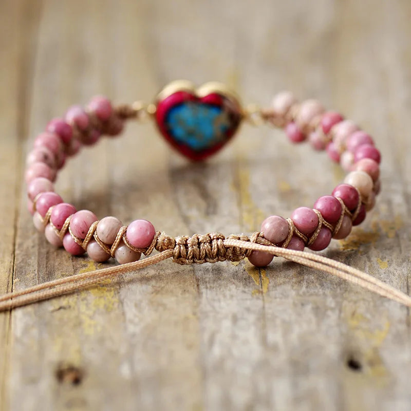 Boho Heart Shape Rhodonite Beads Braided Adjustable Bracelet