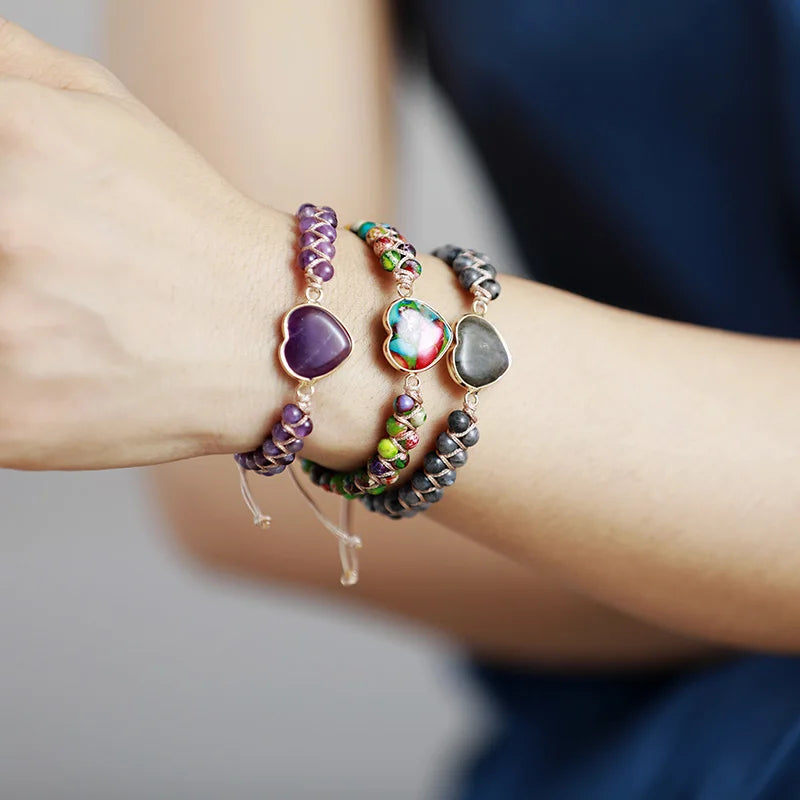 Boho Heart Shape Rhodonite Beads Braided Adjustable Bracelet