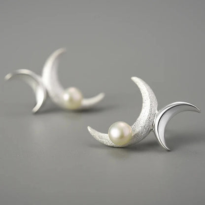 Sterling Silver Asymmetrical Double Moon Stud Earrings