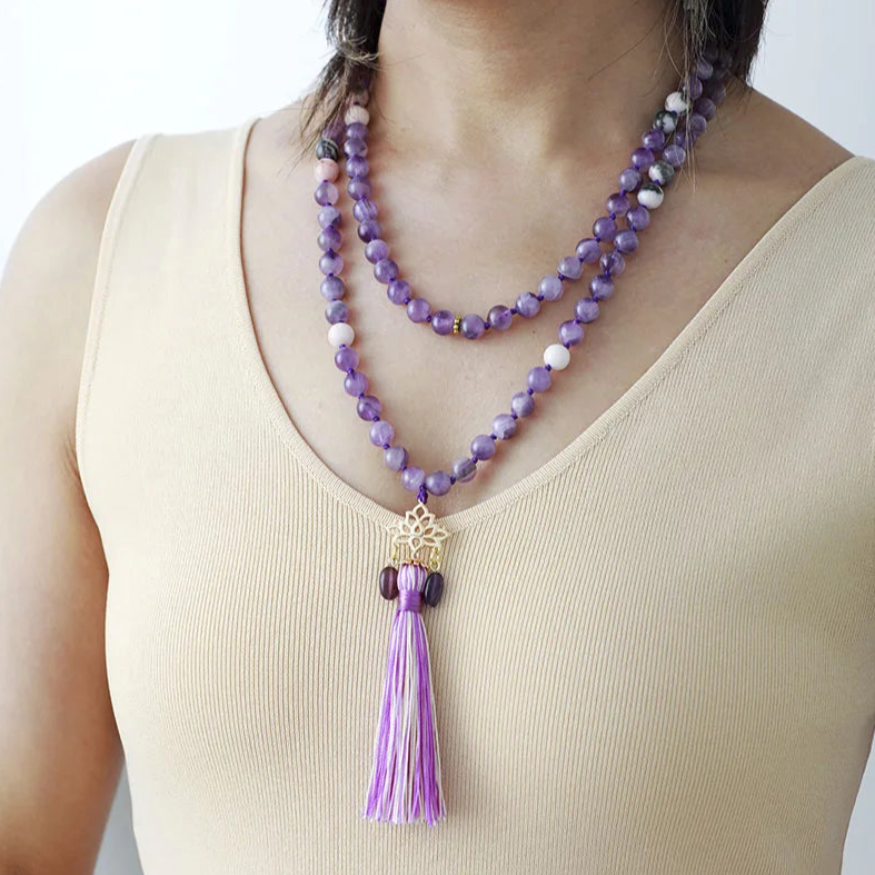 108 Beads Malas Healing Crystal Amethyst Spiritual Lotus Meditation Yoga Necklace