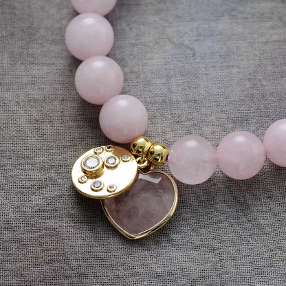 Rose Quartz Heart Charm Stretch Elastic Bracelet