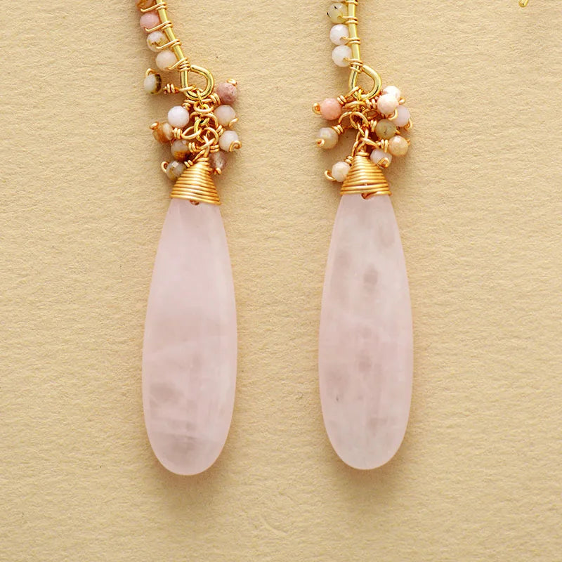 Exquisite Boho Teardrop Rose Quartz Dangle Earrings