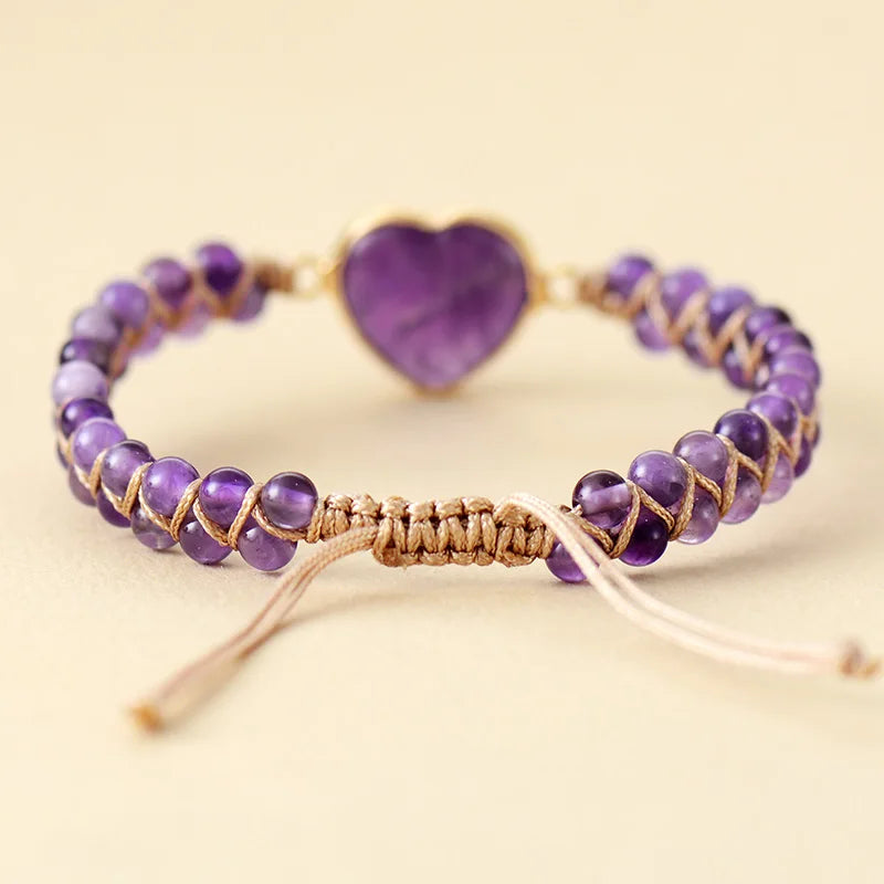 Boho Heart Shape Amethyst Beads Braided Adjustable Bracelet