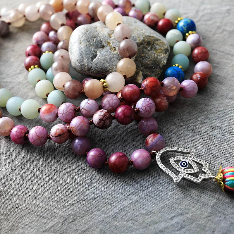 Spiritual Hamsa Healing Long Tassel Meditation 108 Mala Beads Necklace