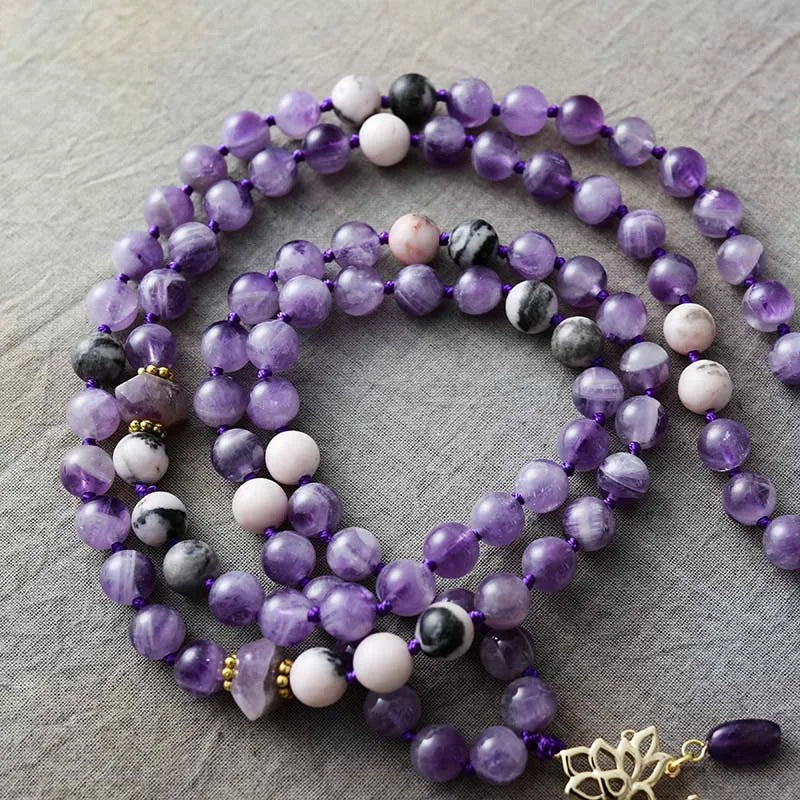 108 Beads Malas Healing Crystal Amethyst Spiritual Lotus Meditation Yoga Necklace