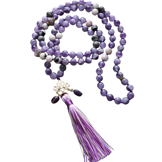 108 Beads Malas Healing Crystal Amethyst Spiritual Lotus Meditation Yoga Necklace