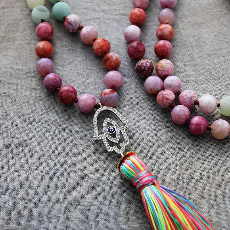 Spiritual Hamsa Healing Long Tassel Meditation 108 Mala Beads Necklace