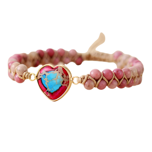 Boho Heart Shape Rhodonite Beads Braided Adjustable Bracelet