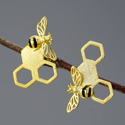 Sterling Silver Unusual Asymmetrical Honeycomb and Bee Stud Earrings