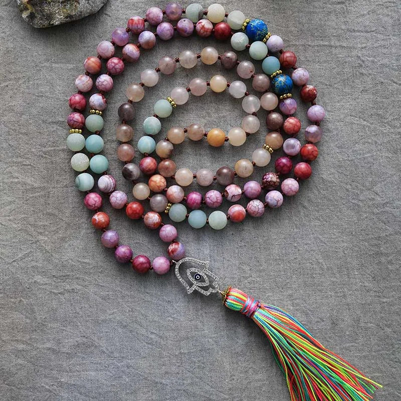 Spiritual Hamsa Healing Long Tassel Meditation 108 Mala Beads Necklace