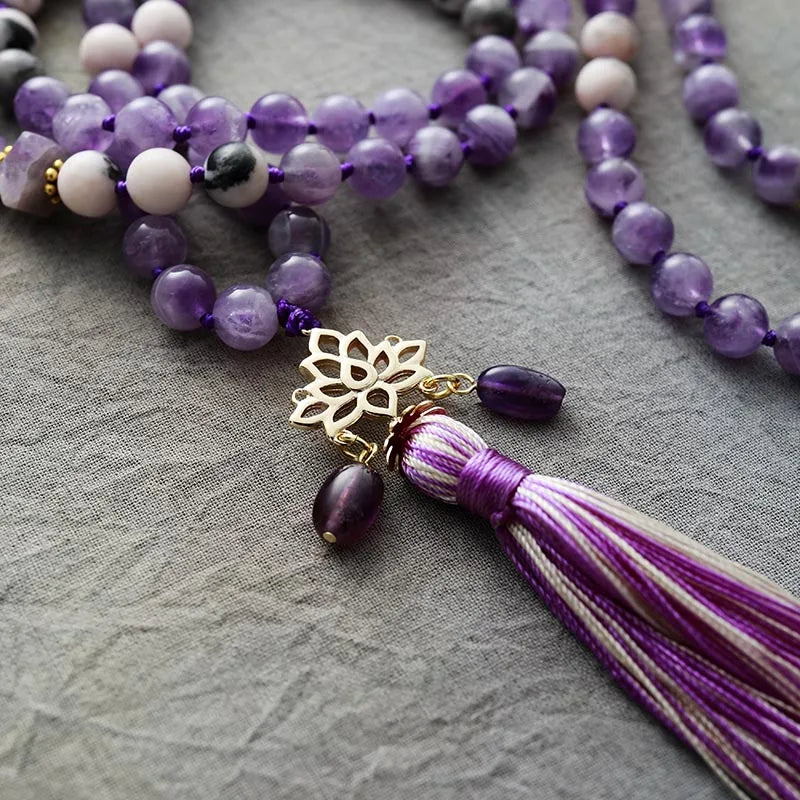 108 Beads Malas Healing Crystal Amethyst Spiritual Lotus Meditation Yoga Necklace