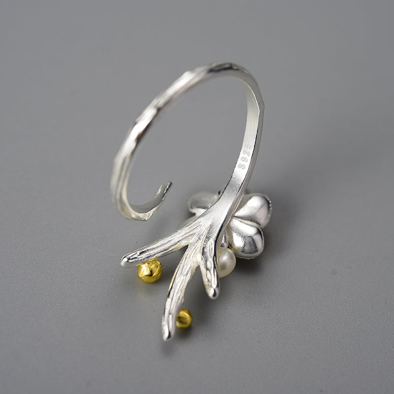 Sterling Silver Pearl Adjustable Snow Flower Ring