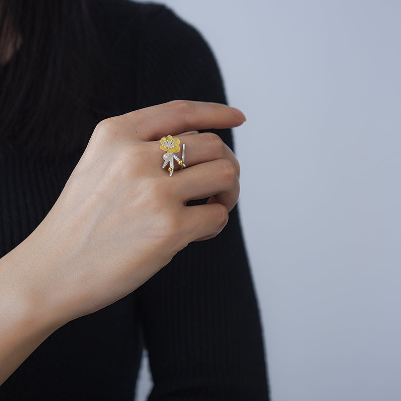 Sterling Silver Pearl Adjustable Snow Flower Ring