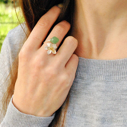 Sterling Silver Aventurine Lotus Flower Adjustable Ring