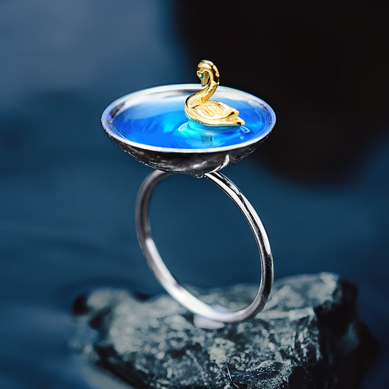 Poetic Swan In The Sea Adjustable Ring