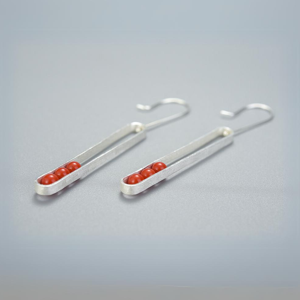 Red Coral Elliptical Minimalist Long Dangle Earrings