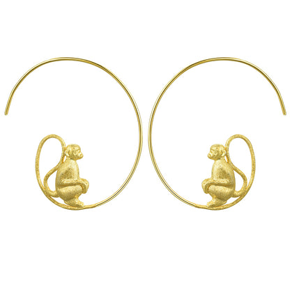 Sterling Silver Long-Tailed Monkey Round Hoop Earrings