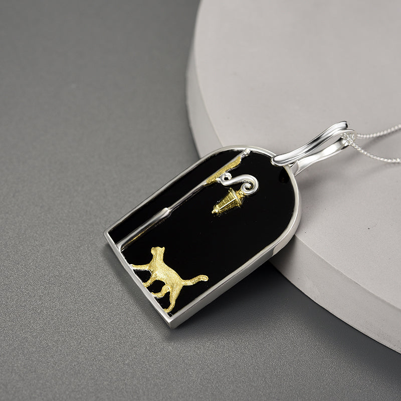 Sterling Silver Black Agate Featuring Cat on the Street at Night Pendant Necklace