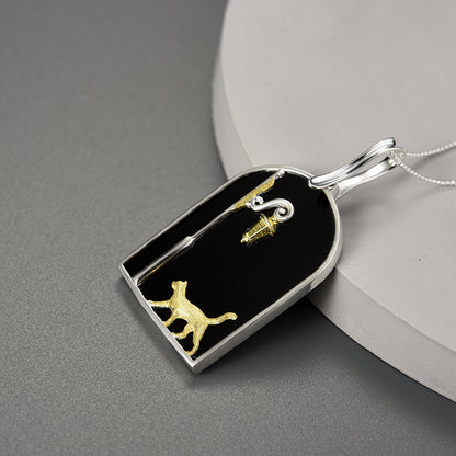 Sterling Silver Black Agate Featuring Cat on the Street at Night Pendant Necklace
