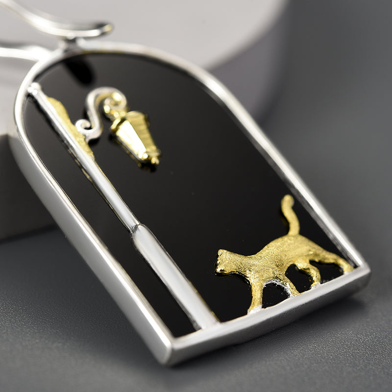 Sterling Silver Black Agate Featuring Cat on the Street at Night Pendant Necklace