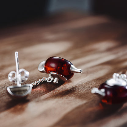 Sterling Silver Natural Amber Teapot Dangle Earrings